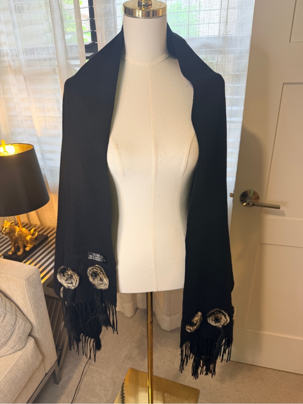 Black Wool Blend Shawl Fur Pom-Pom Floral Fringe Wrap One Size